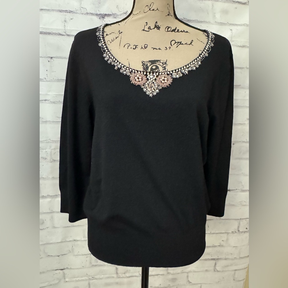 Judith Hart Collection XL Black Silk Blend Beaded Sweater Scoop‎ Neck Sequins